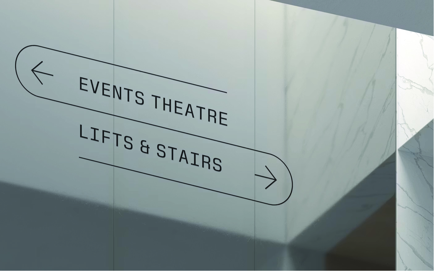 Events Theatre / Lifts & Stairs pill-shaped directional